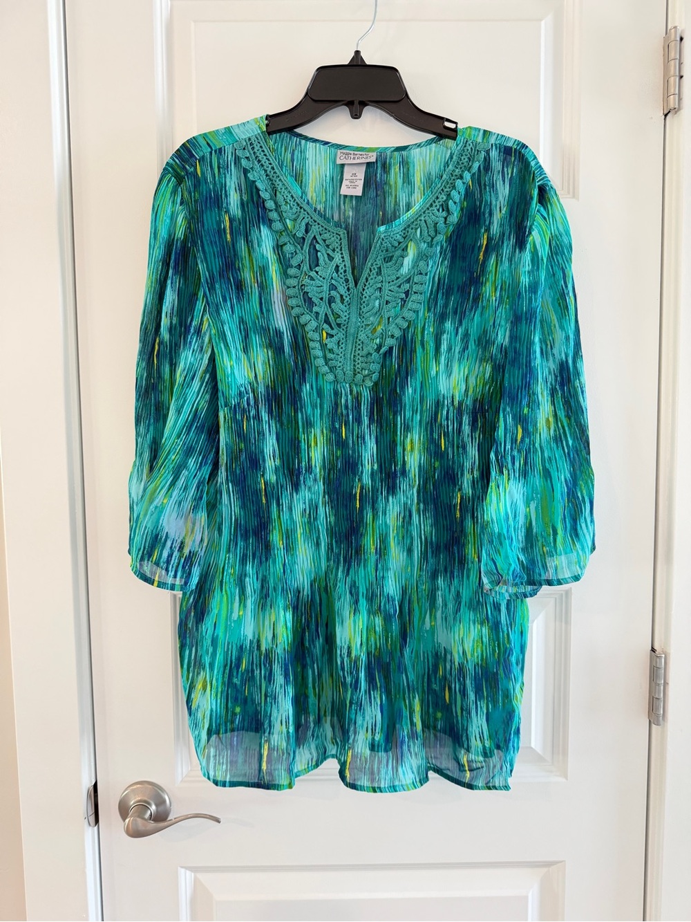 Maggie Barnes x Catherines Teal & Aqua Tunic Lace Neckline Sz 0X 14/16W